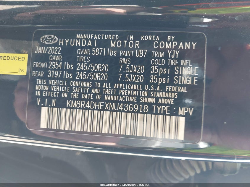 2022 Hyundai Palisade VIN KM8R4DHEXNU436918 IAAI salvage auction — FRONT END, Original (Texas), sold $5,900 on 2026-07-29 (photo 9)
