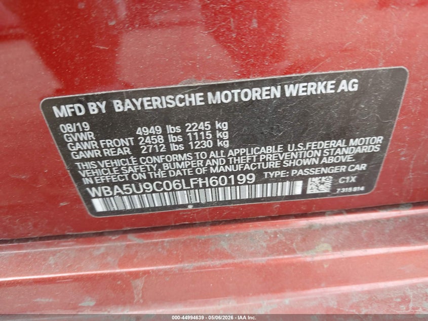 2020 BMW 3er VIN WBA5U9C06LFH60199 IAAI salvage auction — LEFT & RIGHT, Mv-907A (New York), sold $14,775 on 2026-07-14 (photo 9)