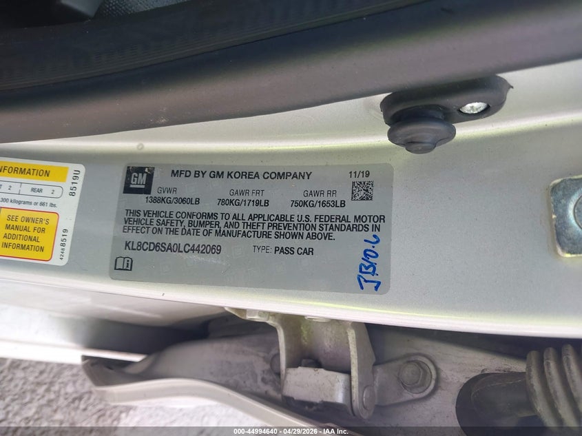 2020 Chevrolet Spark VIN KL8CD6SA0LC442069 IAAI salvage auction — FRONT END, Salvage (Illinois), sold $275 on 2026-07-07 (photo 9)