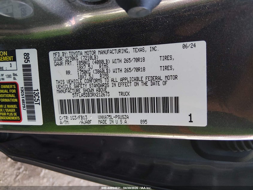 2024 Toyota Tundra VIN 5TFLA5DB3RX212673 IAAI salvage auction — RIGHT FRONT, Salvage (Arizona), sold $15,200 on 2026-07-21 (photo 9)