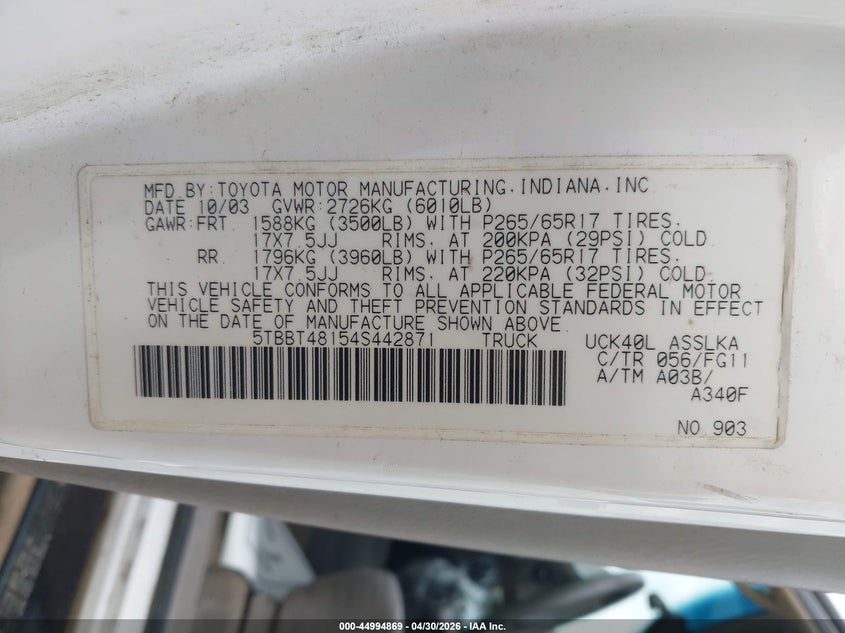 2004 Toyota Tundra VIN 5TBBT48154S442871 IAAI salvage auction — FRONT END, Salvage (Missouri), sold $1,300 on 2026-07-08 (photo 9)