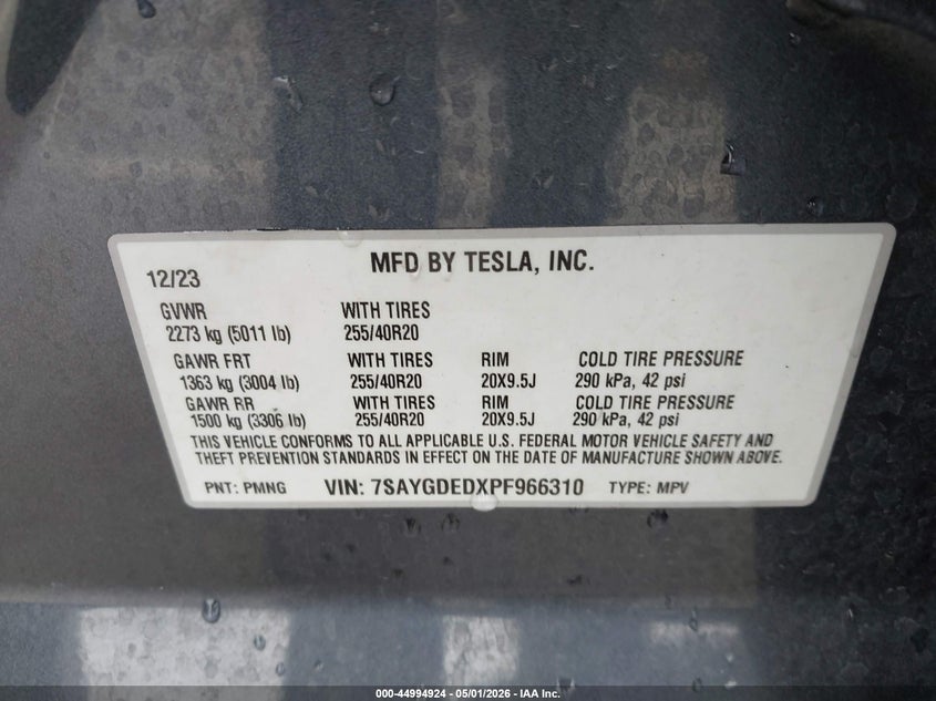 2023 Tesla Model y VIN 7SAYGDEDXPF966310 IAAI salvage auction — RIGHT FRONT, Salvage (Arizona), sold $8,700 on 2026-08-01 (photo 9)