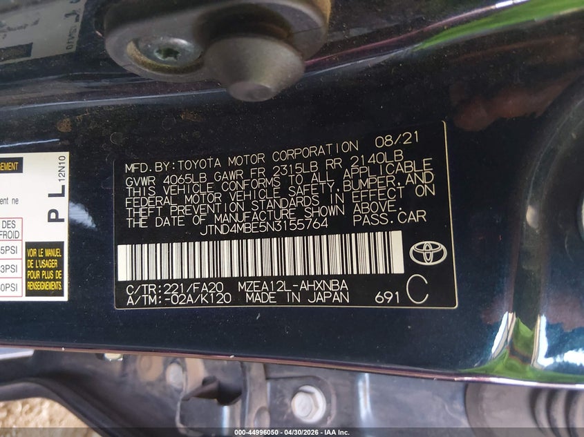 2022 Toyota Corolla VIN JTND4MBE5N3155764 IAAI salvage auction — FRONT END, Salvage (Arizona), sold $3,650 on 2026-07-07 (photo 9)
