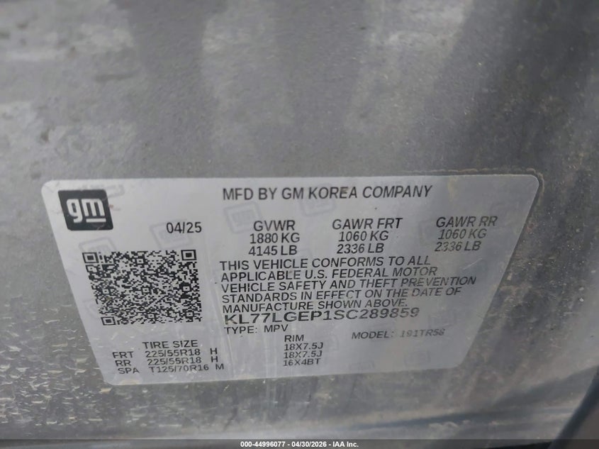2025 Chevrolet Trax VIN KL77LGEP1SC289859 IAAI salvage auction — LEFT SIDE, Original (Texas), sold $7,500 on 2026-07-09 (photo 9)