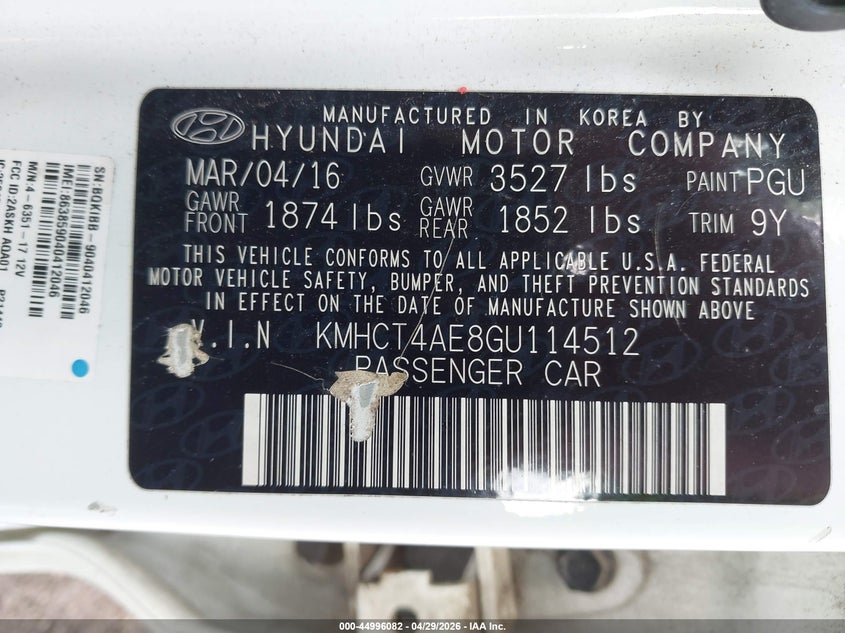 2016 Hyundai Accent VIN KMHCT4AE8GU114512 IAAI salvage auction — NORMAL WEAR, Salvage (Texas), sold $350 on 2026-07-23 (photo 9)
