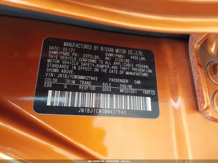 2021 Nissan Rogue VIN JN1BJ1CW0MW427843 IAAI salvage auction — HAIL, Salvage Title, sold $8,800 on 2026-07-14 (photo 9)