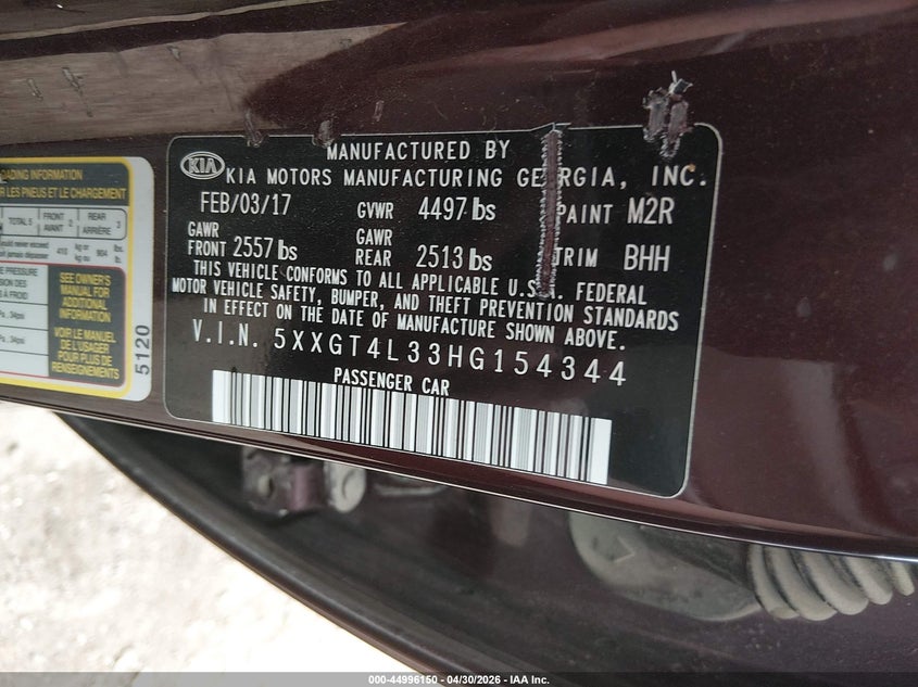 2017 Kia Optima VIN 5XXGT4L33HG154344 IAAI salvage auction — HAIL, Salvage (Kansas), sold $1,550 on 2026-07-10 (photo 9)