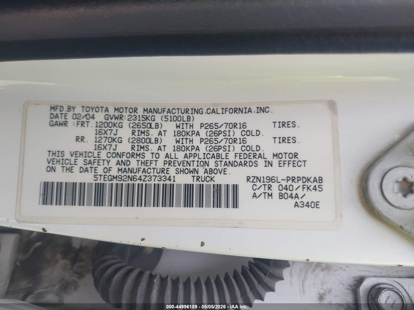 2004 Toyota Tacoma VIN 5TEGM92N64Z373341 IAAI salvage auction — FRONT END, Clear (Arkansas), sold $3,900 on 2026-07-09 (photo 9)