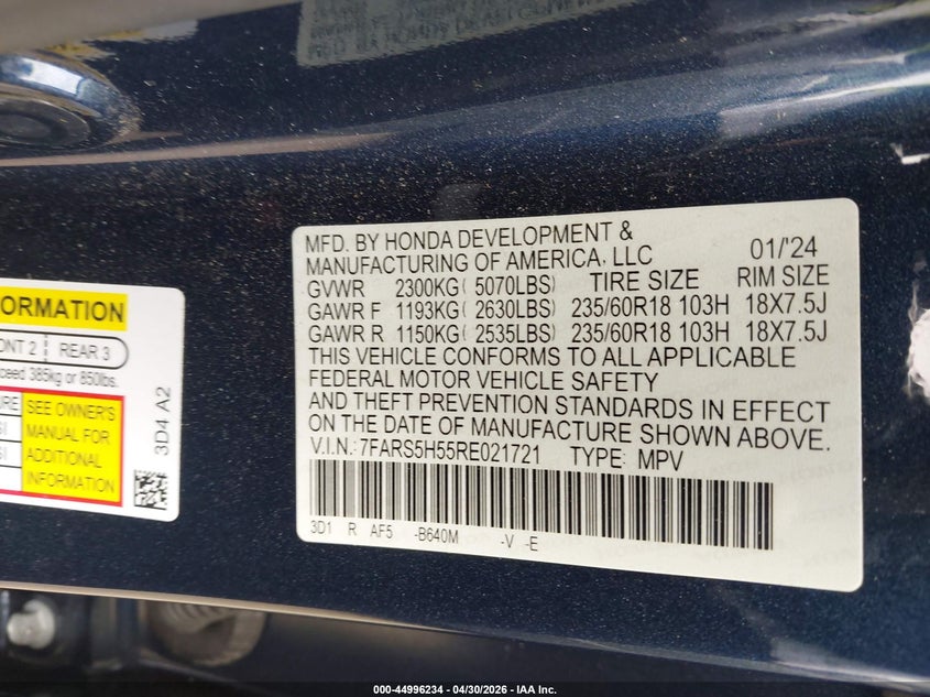 2024 Honda Cr-v VIN 7FARS5H55RE021721 IAAI salvage auction — LEFT REAR, Original (Texas), sold $12,100 on 2026-07-29 (photo 9)