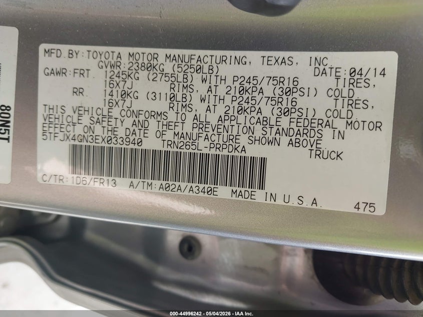 2014 Toyota Tacoma VIN 5TFJX4GN3EX033940 IAAI salvage auction — FRONT END, Salvage (California), sold $6,100 on 2026-07-29 (photo 9)