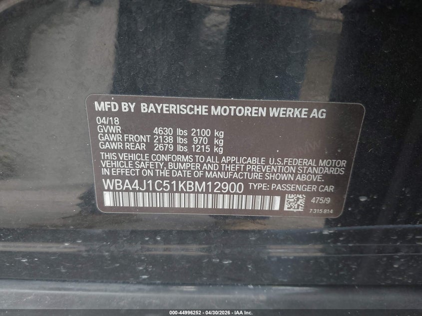 2019 BMW 4er VIN WBA4J1C51KBM12900 IAAI salvage auction — UNKNOWN, Original (Texas), sold $5,350 on 2026-07-17 (photo 9)