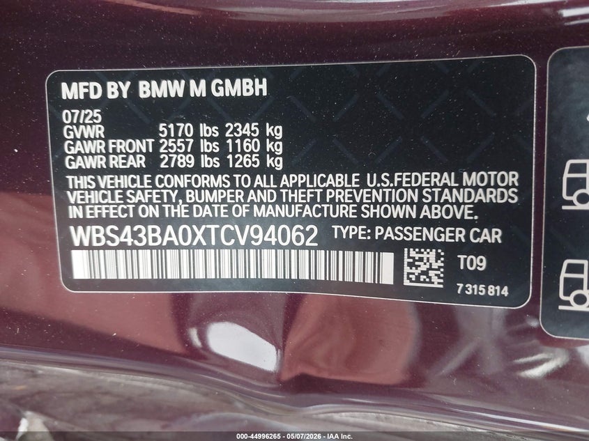 2026 BMW M4 VIN WBS43BA0XTCV94062 IAAI salvage auction — Side, Mv-907A (New York), sold $38,500 on 2026-06-29 (photo 9)
