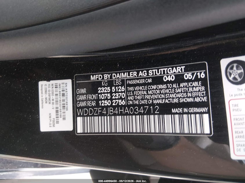 2017 Mercedes-benz E-klasse VIN WDDZF4JB4HA034712 IAAI salvage auction — UNKNOWN, Salvage (New Hampshire), sold $4,650 on 2026-07-29 (photo 9)