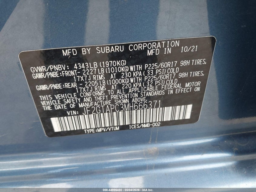 2021 Subaru Xv VIN JF2GTAPC3MH666371 IAAI salvage auction — FRONT END, Salvage (Illinois), sold $2,800 on 2026-07-22 (photo 9)