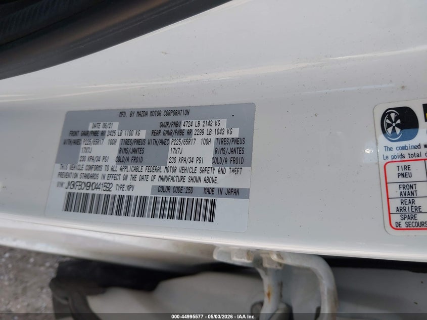 2021 Mazda Cx-5 VIN JM3KFBCM9M0441592 IAAI salvage auction — HAIL, Wait Title, sold $9,250 on 2026-07-20 (photo 9)