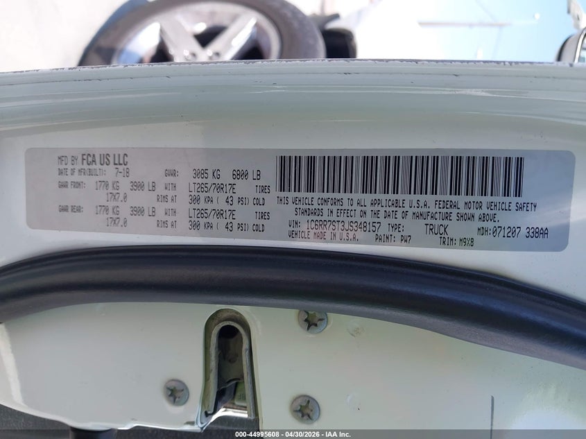 2018 Ram 1500 VIN 1C6RR7ST3JS348157 IAAI salvage auction — FRONT & REAR, Salvage (California), sold $2,075 on 2026-07-22 (photo 9)