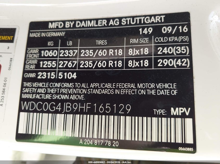 2017 Mercedes-benz Glc VIN WDC0G4JB9HF165129 IAAI salvage auction — FRONT END, Original (Texas), sold $6,650 on 2026-07-06 (photo 9)