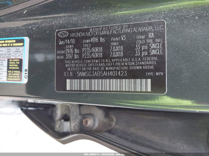 2010 Hyundai Santa fe VIN 5NMSG3AB5AH401423 IAAI salvage auction — FRONT END, Salvage (Texas), sold $475 on 2026-07-22 (photo 9)