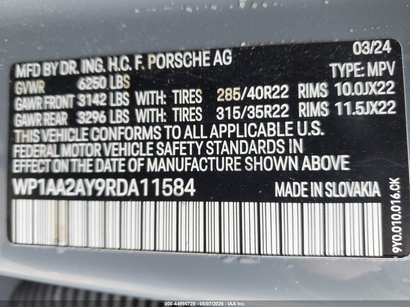 2024 Porsche Cayenne VIN WP1AA2AY9RDA11584 IAAI salvage auction — FRONT END, Salvage (Virginia), sold $27,750 on 2026-07-30 (photo 9)