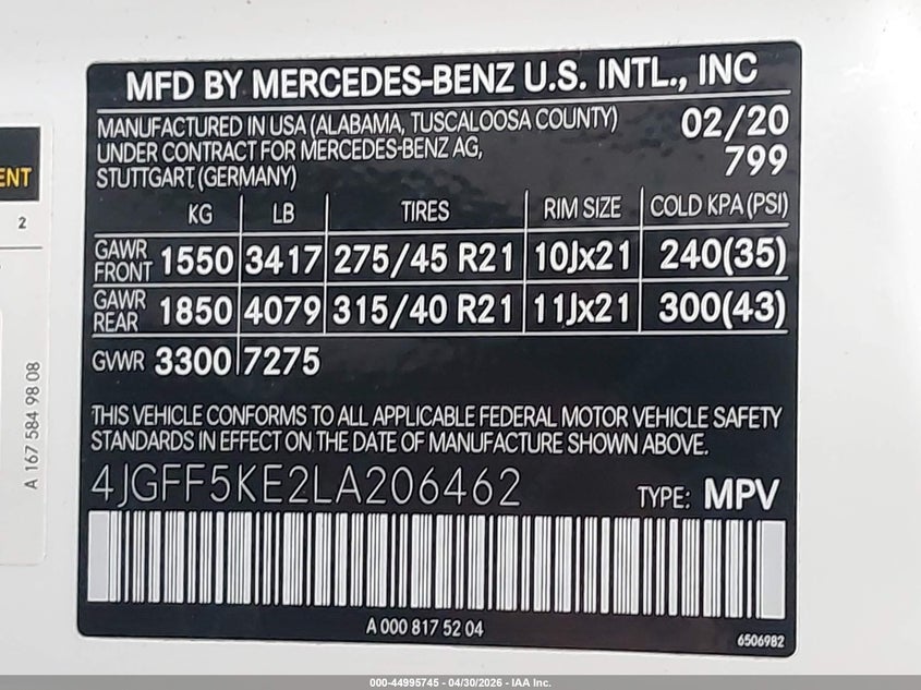 2020 Mercedes-benz Gls-klasse VIN 4JGFF5KE2LA206462 IAAI salvage auction — LEFT SIDE, Original (Texas), sold $24,050 on 2026-07-15 (photo 9)