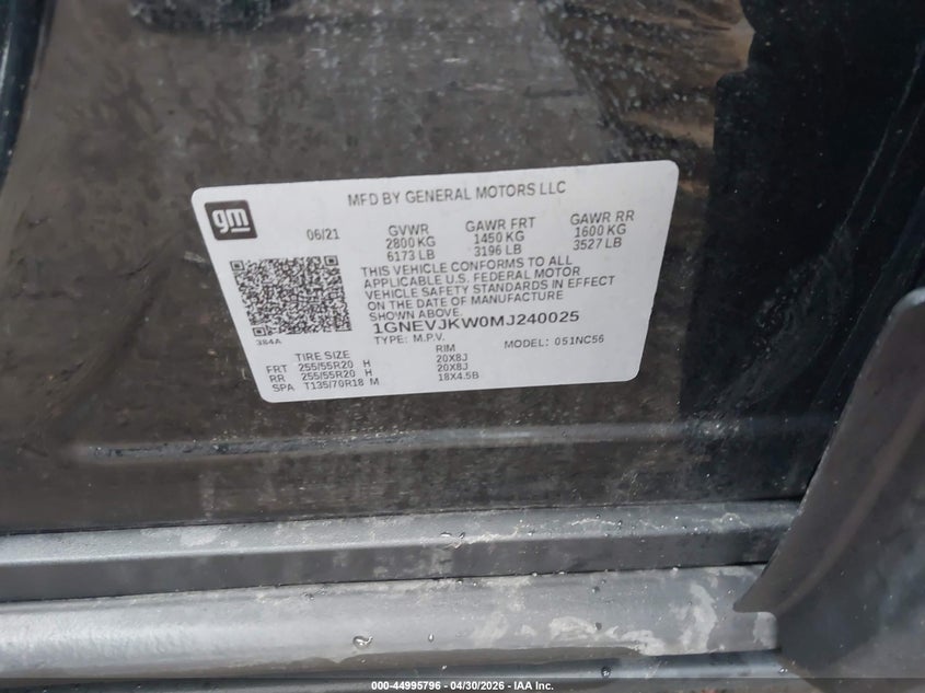 2021 Chevrolet Traverse VIN 1GNEVJKW0MJ240025 IAAI salvage auction — REAR END, Salvage (Massachusetts), sold $3,550 on 2026-07-19 (photo 9)