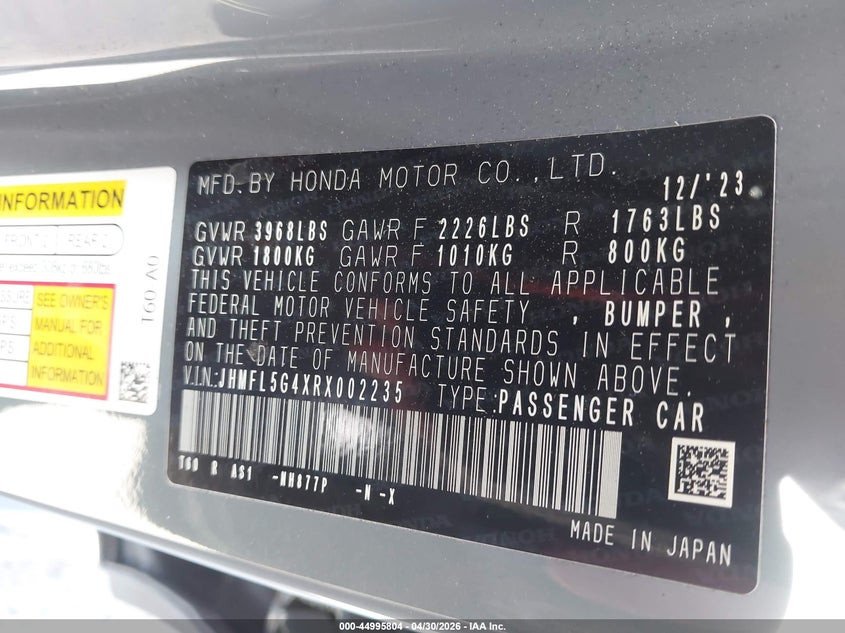 2024 Honda Civic type r VIN JHMFL5G4XRX002235 IAAI salvage auction — THEFT, Clear - Dealer Only (California), sold $37,000 on 2026-07-13 (photo 9)