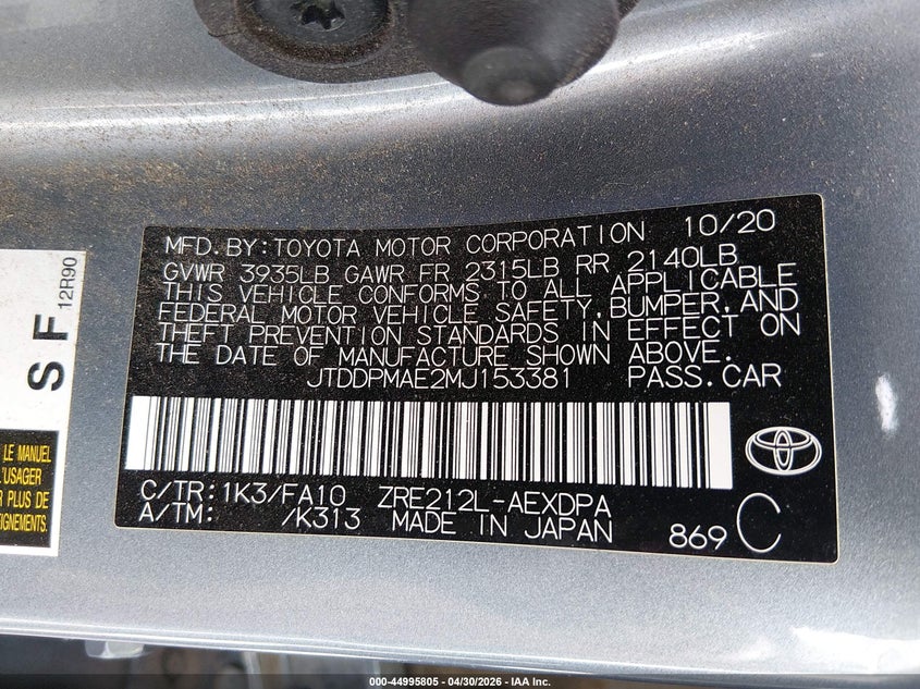 2021 Toyota Corolla VIN JTDDPMAE2MJ153381 IAAI salvage auction — FRONT END, Salvage (New Mexico), sold $1,975 on 2026-07-13 (photo 9)
