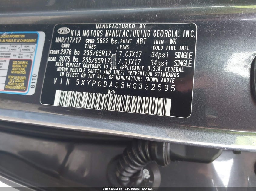 2017 Kia Sorento VIN 5XYPGDA53HG332595 IAAI salvage auction — LEFT SIDE, Salvage (Oregon), sold $2,800 on 2026-07-13 (photo 9)
