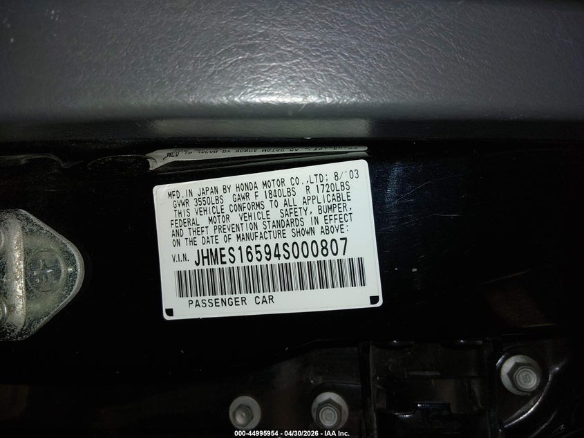 2004 Honda Civic VIN JHMES16594S000807 IAAI salvage auction — REAR END, Salvage (Oregon), sold $325 on 2026-07-30 (photo 9)