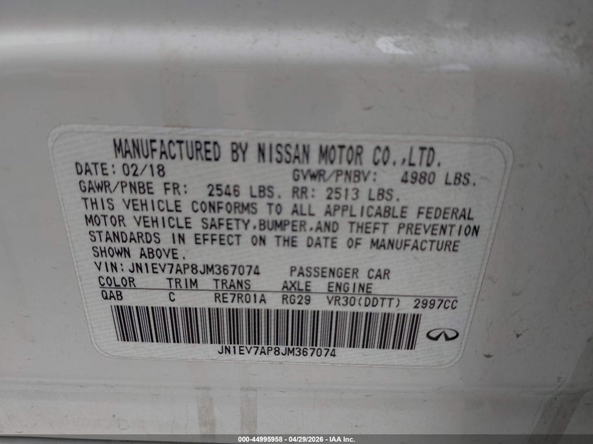 2018 Infiniti Q50 VIN JN1EV7AP8JM367074 IAAI salvage auction — REAR END, Original (Texas), sold $2,350 on 2026-07-07 (photo 9)
