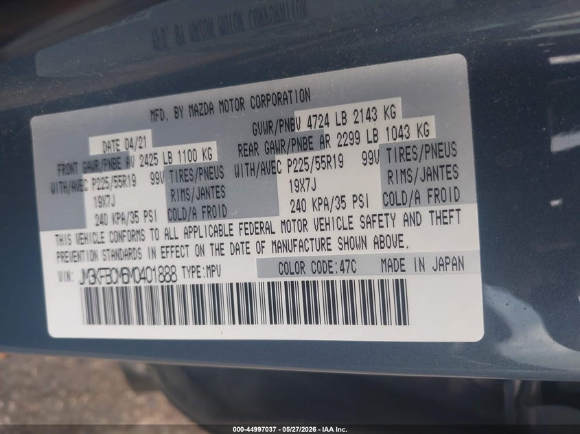 2021 Mazda Cx-5 VIN JM3KFBCM6M0401888 IAAI salvage auction — HAIL, Salvage Title, sold $8,825 on 2026-07-29 (photo 9)