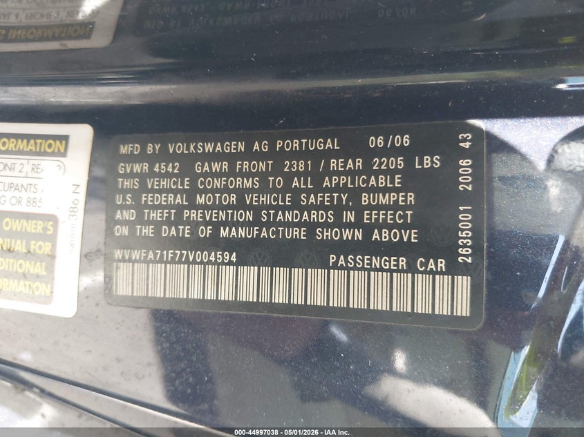 2007 Volkswagen Eos VIN WVWFA71F77V004594 IAAI salvage auction — WATER/FLOOD, Bill Of Sale (Hawaii), sold $75 on 2026-08-18 (photo 9)