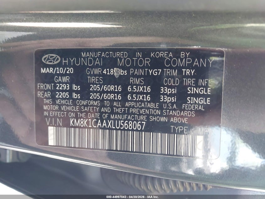 2020 Hyundai Kona VIN KM8K1CAAXLU568067 IAAI salvage auction — FRONT END, Salvage (South Carolina), sold $2,950 on 2026-07-15 (photo 9)