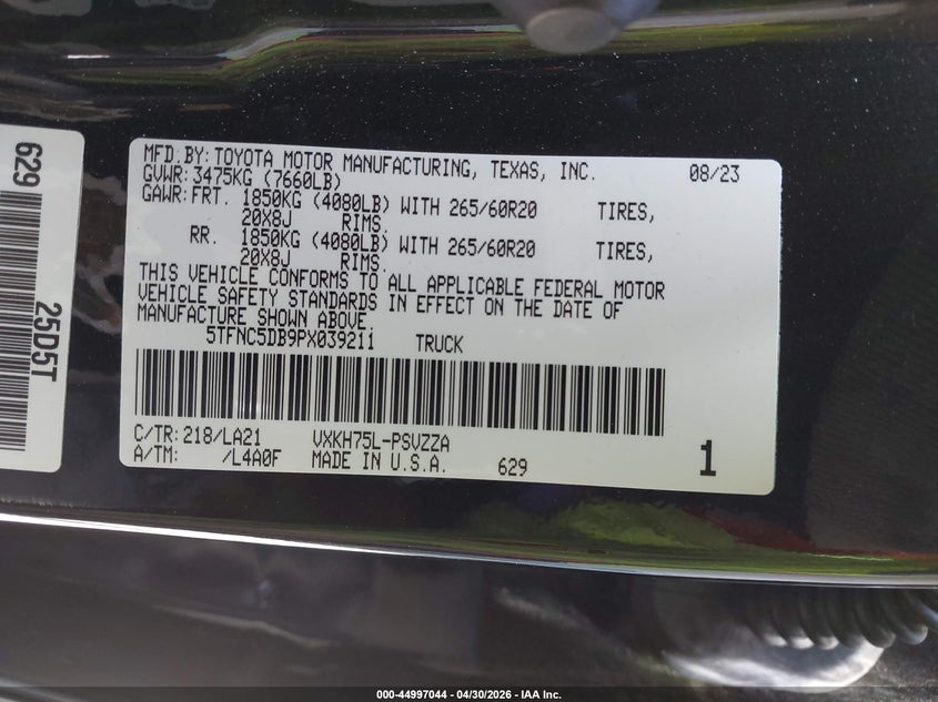 2023 Toyota Tundra VIN 5TFNC5DB9PX039211 IAAI salvage auction — RIGHT FRONT, Salvage Title, sold $22,625 on 2026-07-15 (photo 9)
