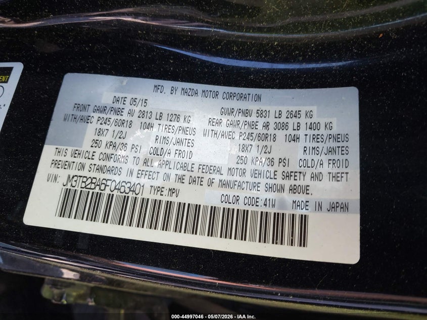 2015 Mazda Cx-9 VIN JM3TB2BA6F0463401 IAAI salvage auction — ROLLOVER, Clear (Tennessee), sold $25 on 2026-07-30 (photo 9)