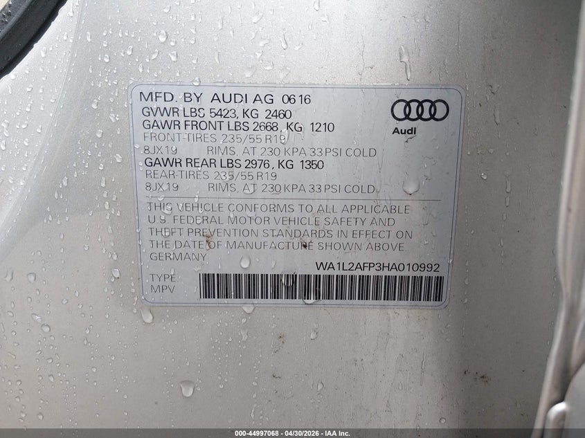 2017 Audi Q5 VIN WA1L2AFP3HA010992 IAAI salvage auction — STORM DAMAGE, Salvage Title, sold $4,825 on 2026-07-20 (photo 9)
