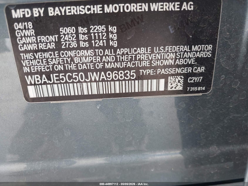 2018 BMW 5er VIN WBAJE5C50JWA96835 IAAI salvage auction — FRONT END, Salvage Title, sold $5,050 on 2026-07-15 (photo 9)