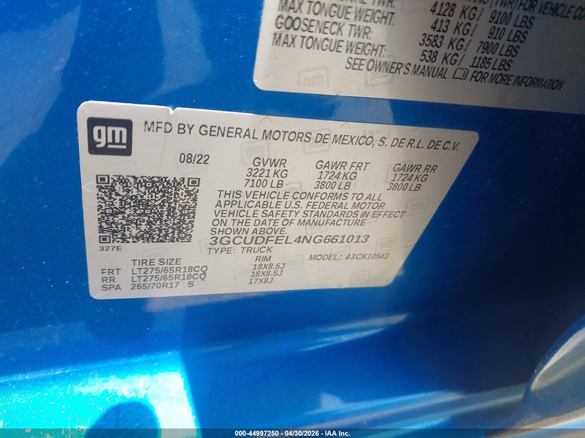 2022 Chevrolet Silverado VIN 3GCUDFEL4NG661013 IAAI salvage auction — FRONT END, Salvage (California), sold $8,600 on 2026-07-30 (photo 9)