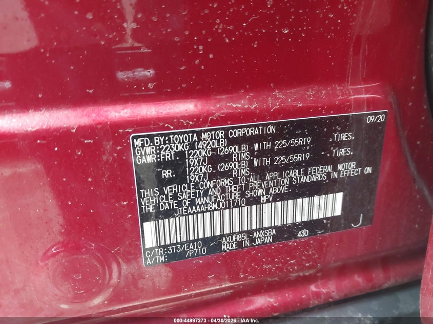 2021 Toyota Venza VIN JTEAAAAH8MJ011710 IAAI salvage auction — HAIL, Salvage (Ohio), sold $13,500 on 2026-07-28 (photo 9)