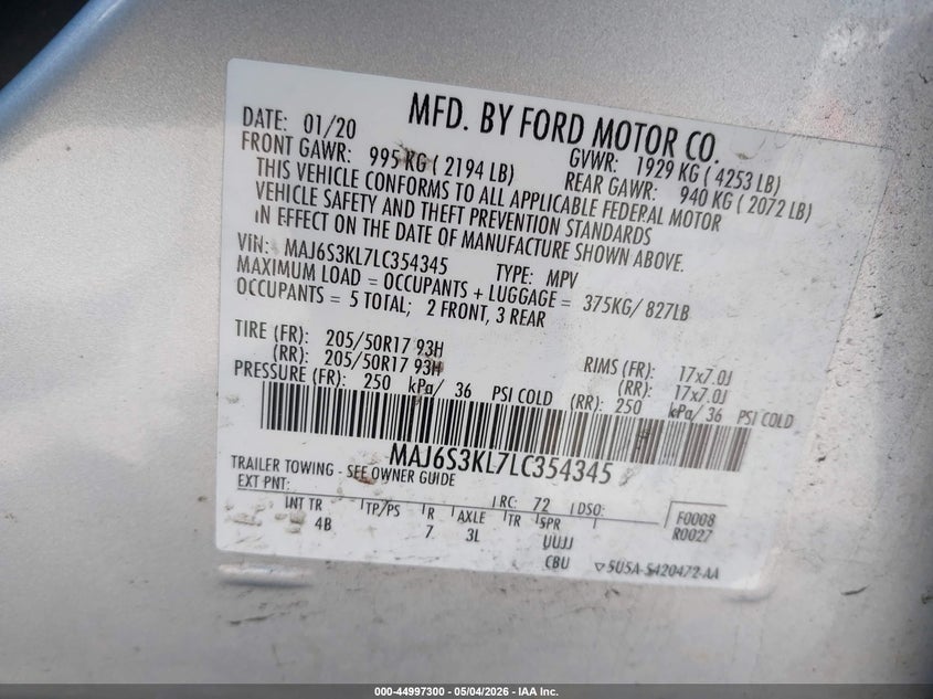 2020 Ford Ecosport VIN MAJ6S3KL7LC354345 IAAI salvage auction — UNDERCARRIAGE, Salvage (North Carolina), sold $2,350 on 2026-07-06 (photo 9)