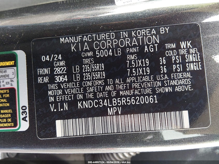 2024 Kia Ev6 VIN KNDC34LB5R5620061 IAAI salvage auction — FRONT END, Salvage (Nevada), sold $7,750 on 2026-07-16 (photo 9)