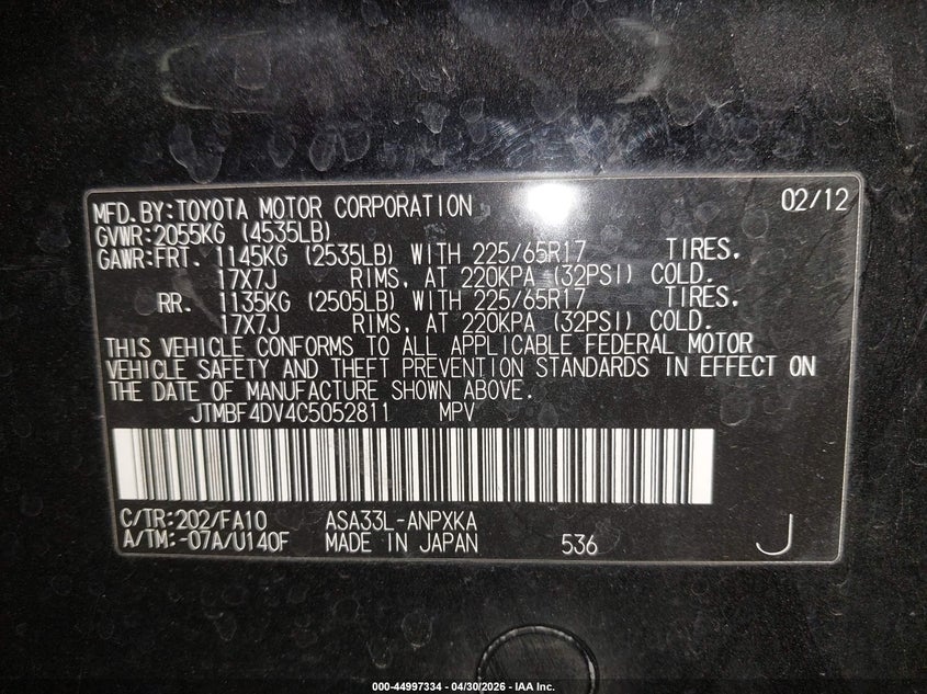 2012 Toyota Rav 4 VIN JTMBF4DV4C5052811 IAAI salvage auction — FRONT END, Salvage Title, sold $3,450 on 2026-07-21 (photo 9)