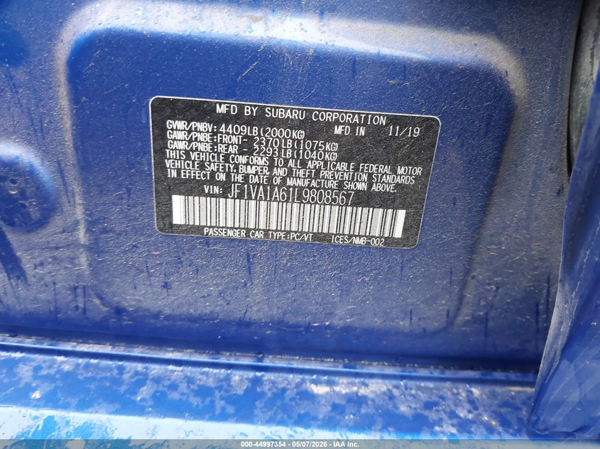 2020 Subaru Wrx VIN JF1VA1A61L9808567 IAAI salvage auction — REAR END, Salvage (Iowa), sold $6,750 on 2026-07-06 (photo 9)