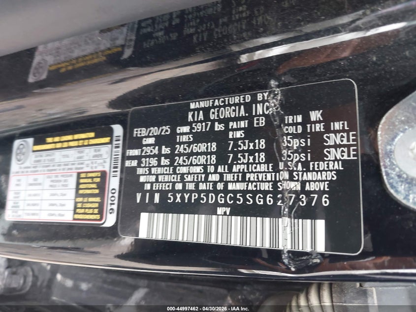 2025 Kia Telluride VIN 5XYP5DGC5SG627376 IAAI salvage auction — FRONT END, Salvage Title, sold $6,450 on 2026-07-08 (photo 9)