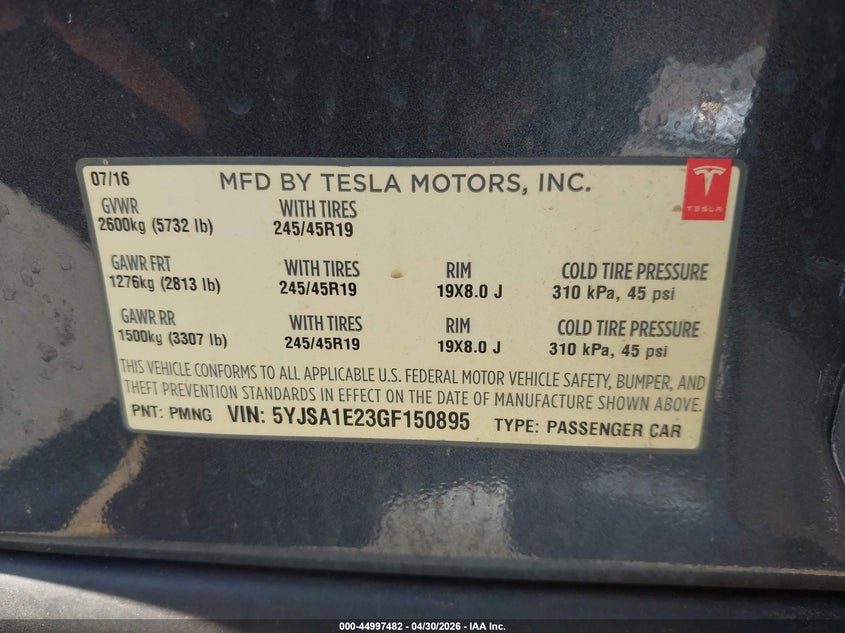 2016 Tesla Model s VIN 5YJSA1E23GF150895 IAAI salvage auction — UNDERCARRIAGE, Salvage (Hawaii), sold $4,700 on 2026-07-30 (photo 9)
