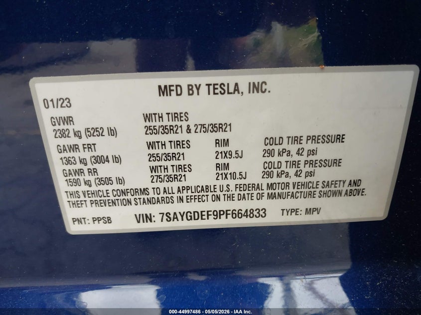2023 Tesla Model y VIN 7SAYGDEF9PF664833 IAAI salvage auction — RIGHT SIDE, Salvage (Oregon), sold $12,900 on 2026-07-30 (photo 9)