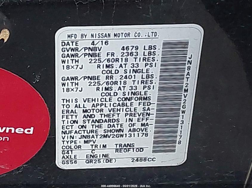 2016 Nissan Rogue VIN JN8AT2MV2GW131178 IAAI salvage auction — FRONT END, Salvage (Missouri), sold $1,400 on 2026-07-08 (photo 9)