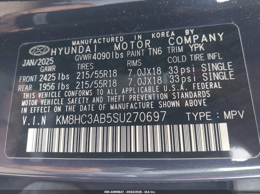 2025 Hyundai Kona VIN KM8HC3AB5SU270697 IAAI salvage auction — REAR END, Salvage (California), sold $8,750 on 2026-07-08 (photo 9)
