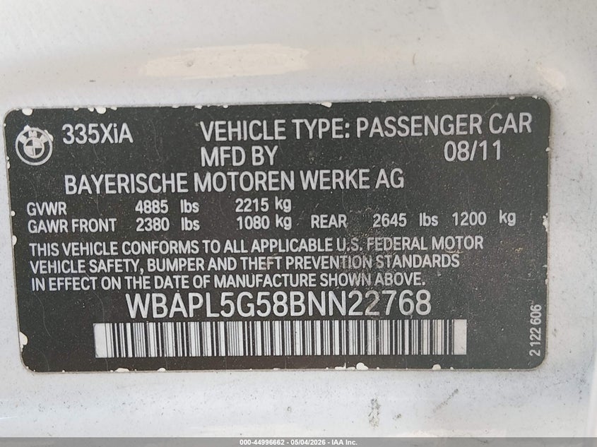 2011 BMW 3er VIN WBAPL5G58BNN22768 IAAI salvage auction — NORMAL WEAR, Clear (Montana), sold $125 on 2026-07-15 (photo 9)