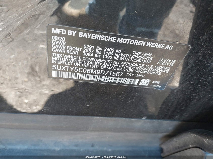 2021 BMW X3 VIN 5UXTY5C06M9D71567 IAAI salvage auction — REAR END, Salvage (California), sold $8,000 on 2026-07-21 (photo 9)